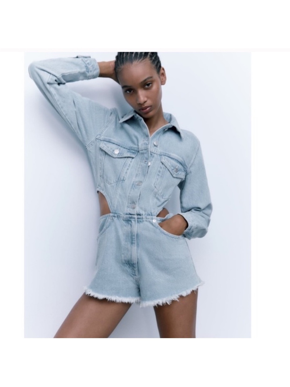 Zara Light Blue Denim Cutout Short Overalls